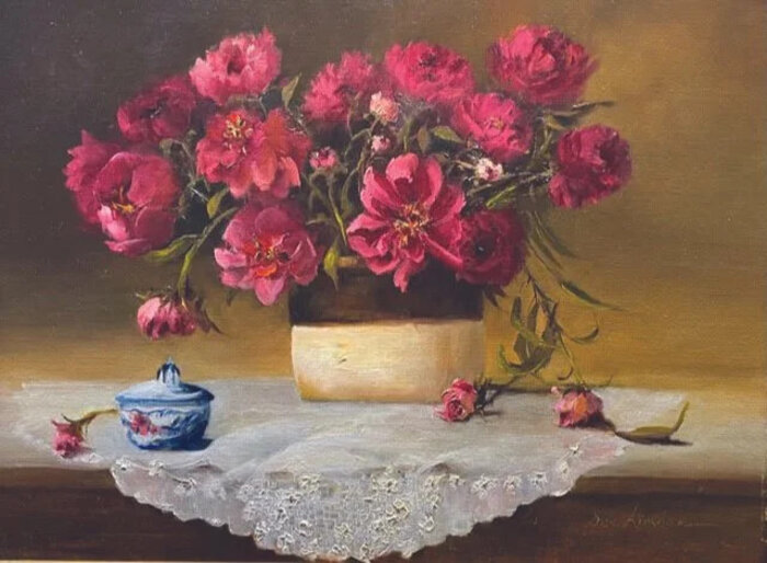 "Red Peonies" by Kirkham, Oil, accepted work in the WAOW 54th National Exhibition, Dreamweavers