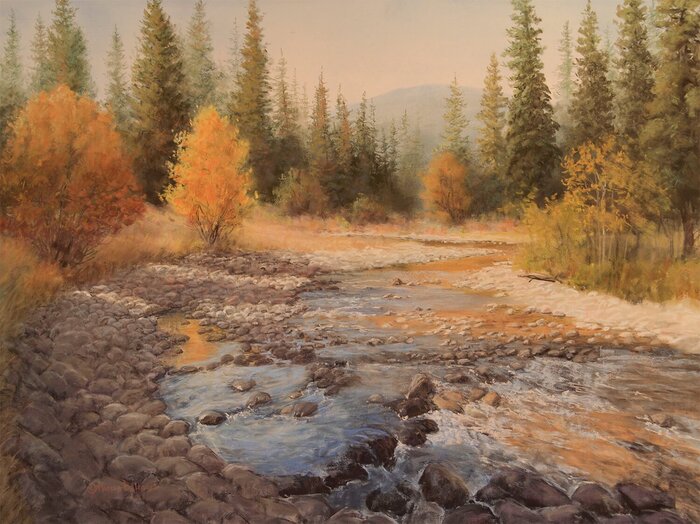 "Autumn on Tin Cup Creek" by Marcia Ballowe, AOTW Magazine Award, accepted work in the WAOW 55th National Exhibition, Homeland