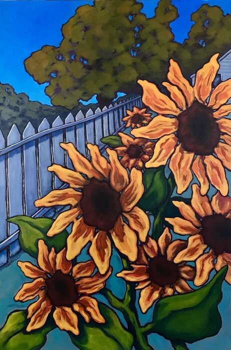 "Sunflowers and Pickets" by Debbie Carroll, accepted work in the WAOW 55th National Exhibition, Homeland