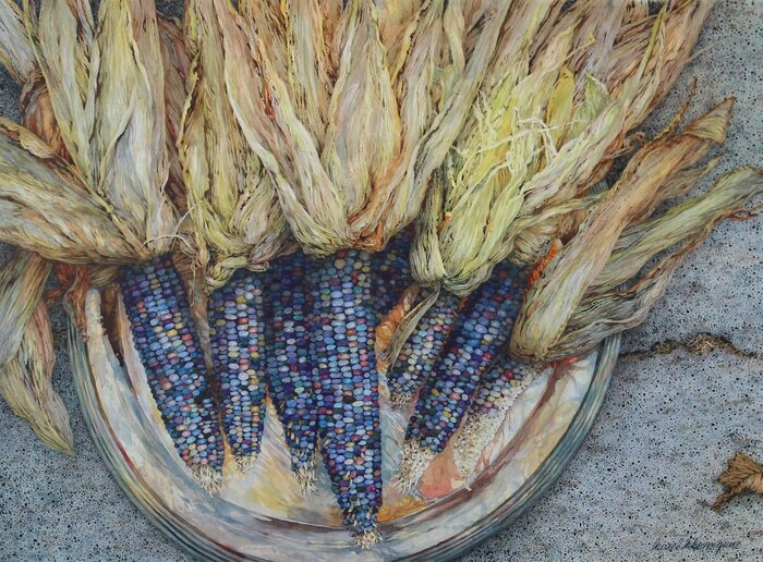 "Tray for Blue Corn" by Laurel Lake-McGuire, Award of Merit Best Still Life, accepted work in the WAOW 55th National Exhibition, Homeland