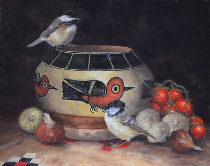 Still Life With Chickadees by Debbie Hughbanks, Pastel, accepted work in the WAOW 56th National Exhibition, Limitless