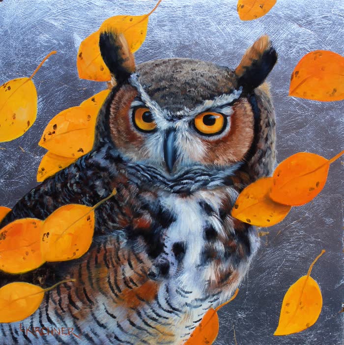 Fall's Arrival- Horned Owl by Leslie Kirchner, Oil, accepted work in the WAOW 56th National Exhibition, Limitless