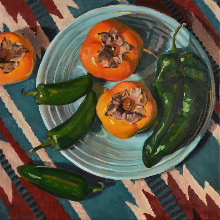 Persimmons and Peppers by Marie Kash Weltzheimer, Oil, accepted work in the WAOW 56th National Exhibition, Limitless