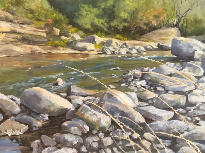 Creekside Boulders by Ginger Whellock, Oil, accepted work in the WAOW 56th National Exhibition, Limitless
